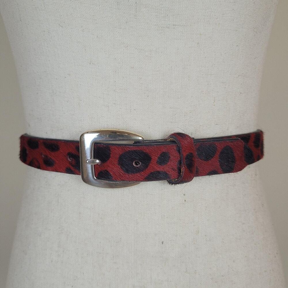 VTG Express Belt Small Red Leather Leopard Print Haircalf Silver Buckle Boho USA